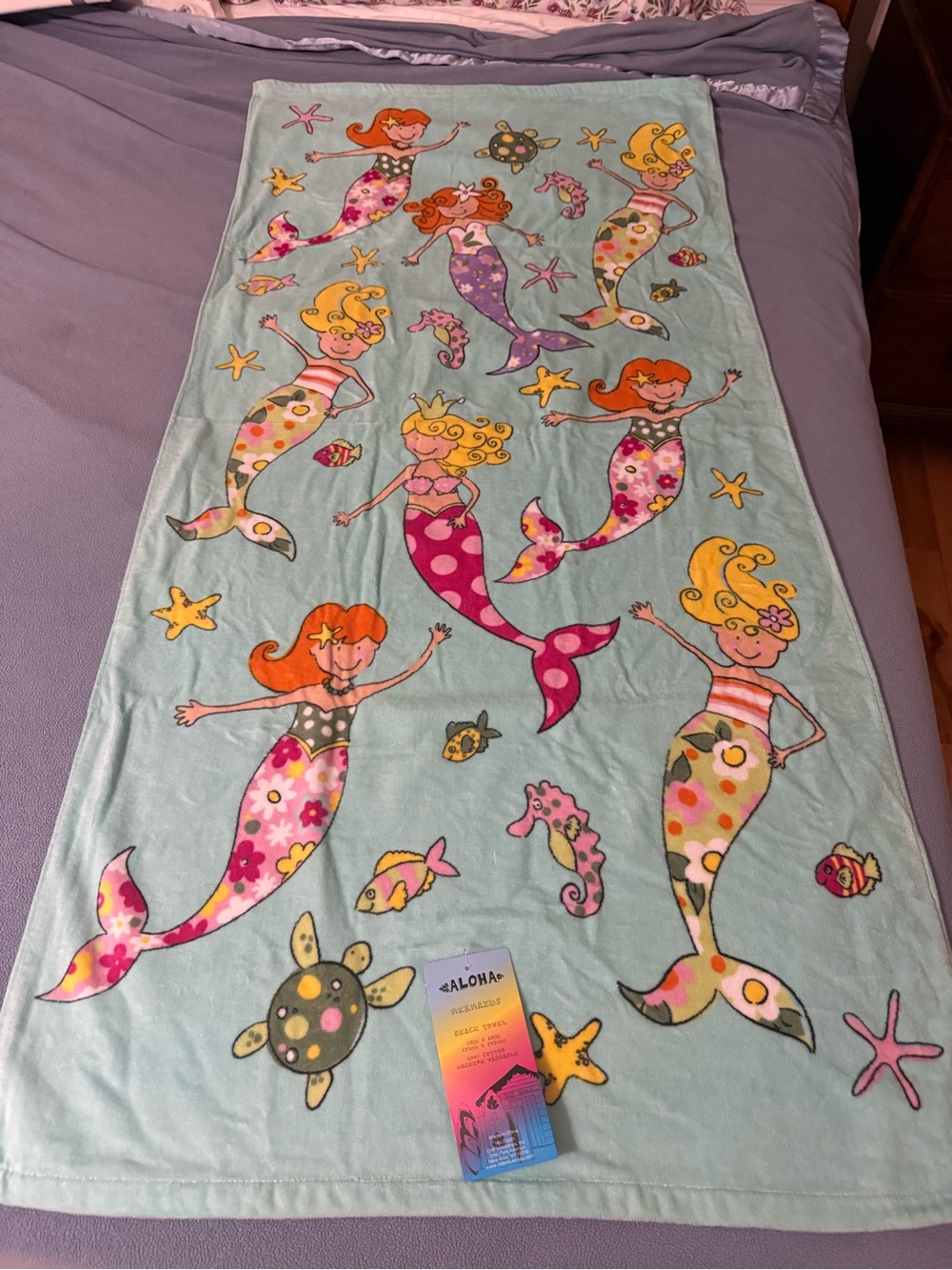 ALOHAS Aqua Mermaid Beach Towel with Pink, Purple, Yellow & Orange Accents
